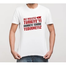 Barlashive 15 Temmuz Demokrasi Milli Birlik Yedirmeyiz Baskılı Bisiklet Yaka T-shirt - Beyaz Çok Renkli