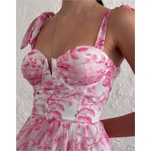 Kadın Çiçek Desenli Pembe Elbise Pembe