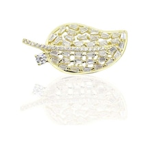 Oya Silver Zirkon Baget Taşlı Yaprak 24k Altın Kaplama Gümüş Broş 2.9x1.4cm Oysyb004