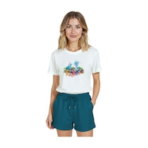 Kadın Beyaz Relaxed Fit %100 Pamuk Tişört Suluboya Marina & Yel Beyaz