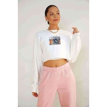 Watercolor Camera Baskılı Crop Kadın Beyaz Sweatshirt (534800285)