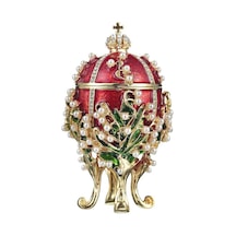 Faberge Yumurta Swarovski Taşlı Lüks Mücevher Kutusu Kırmızı 8 cm
