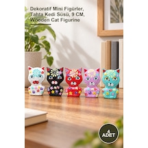 4 Adet Ahşap Kedi Figür Seti Dekoratif Mini Figürler, Tahta Kedi Süsü, 9 Cm, Wooden Cat Figurine