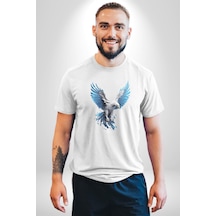 Mavi Beyaz Kartal Kuş Unisex Unisex Beyaz Organik Baskılı T-shirt Penye Yüksek Kalite Beyaz