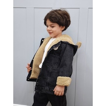 Butik Şirin Teddy Kulaklı Erkek Çocuk Siyah Kot Mont - İçi Kürklü / Peluş Astar Ceket