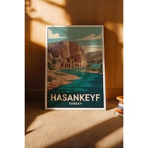 Hasankeyf Tablo - Retro Travel Poster - Batman Şehir Serisi Duvar Dekoru - Çerçeveli İllüstrasyon Beyaz