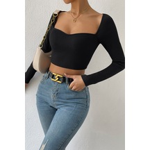 Epilons Zenvial Kadın Siyah Uzun Kol Göğüs Dekolteli Şık Crop Top Bluz Zenviall2