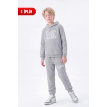 Panios Kids 3 İplik Baskılı Kışlık Kanguru Cepli Kapüşonlu Erkek Çocuk Eşofman Takımı Gri