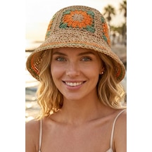 Tezzgelsin Kadın Hasır Bucket Şapka Bohem Motifli Crochet Yazlık Plaj Şapkası Camel