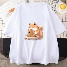 Tarzsokak Beyaz Shiba Inu Keyifli Ramen Grafik Tshirt Kıyafetleri Yaz Komik Japon Şehriye Harajuku Bask Beyaz