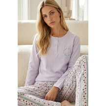 Siyah İnci Nakışlı Düğmeli Pamuklu Likralı Örme Pijama Takım26240349 Lila