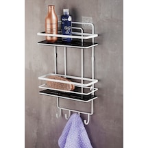 2 Katlı Kancalı Yapışkanlı Banyo Duş Rafı – Ayarlanabilir Kristal Raf (Yapıştır/Vidala) Beyaz-Siyah - LŞ-02 - BSBK