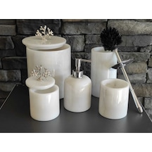 Beyaz Mermer Gümüş Renkli Mercan Aksesuarlı 5'li Banyo Seti Beyaz