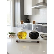 Qerhome Mermer Stantlı Borosilikat Cam 2'li Akasya Kapaklı Yağlık Sosluk 300 Ml Beyaz