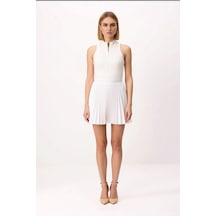Benerly Kadın Sportswear Kolsuz Halter Yaka Micro Shift Mini Elbise Astar Ekru