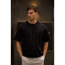 Gravel Oversize Bisiklet Yaka Pamuklu T-shirt - Siyah Siyah