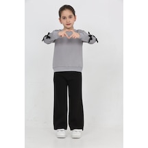 Erdem Kıds Kız Çocuk 3 İplik Şardonlu Kurdele Detaylı Basic Sweatshirt-bol Kesim Palazzo Eşofman Takım Gri-siyah Gri-siyah