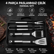 Paslanmaz Çelik Barbekü Mangal Aletleri Seti Maşa, Çatal, Spatula Ve Fırça 4 Parça Taşıma Çantalı