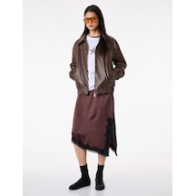 Koton Asimetrik Slim Fit Dantel Detaylı Saten Midi Etek Kahverengi 6sal70077ıw Kahve
