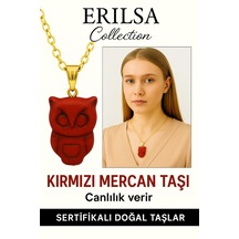 Erilsa Sertifikalı Baykuş Model Kırmızı Mercan Kolye Bilgelik,  Çok Renkli