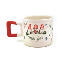 Mutlu Yıllar 3 Noel Baba Baskılı Kırmızı Kulplu Kare Yılbaşı Kupası