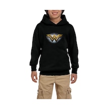 Wonder Woman Gold Logo Siyah Çocuk Kapşonlu Sweatshirt