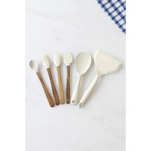 Ahşap Saplı 6 Lı Silikon Ve Mutfak Gereçleri Seti Isıya Dayanıklı Spatula, Kaşık Ve Fırça Seti Bej