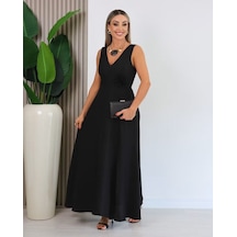 Efnaz Style Kadın Askılı Derin V Yakalı Yırtmaçlı Uzun Elbise Siyah