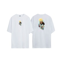 Thewert Unisex Boz Ayı Balık Yakalamak İllüstrasyon Ön Arka Baskılı Beyaz Oversize T-shirt
