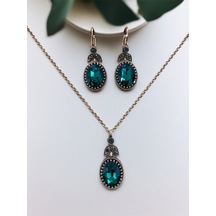 Kristal Taşlı Oval Kesim Kolye Ve Küpe Seti Yeşil