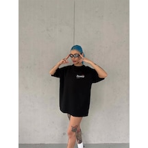 Wear Vexel Kadın Bisiklet Yaka Baskılı Kısa Kol Oversize T-shirt - Siyah Çok Renkli