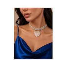 Kalp Figürlü Zirkon Taşlı Parlak Kristal Choker Kolye Altın - 900248845 Altın