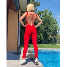 Lismina Derin Dekolteli Spor Tayt Tulum Kırmızı