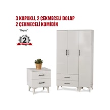 3 Kapaklı Beyaz Dolap Ve Komodin Seti