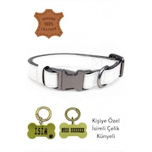 Hakiki Deri Köpek Boyun Tasması, Kişiye Özel Künyeli Lux Seri Beyaz