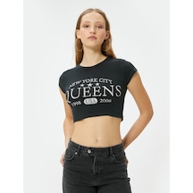Koton Crop Baskılı Tişört Bisiklet Yaka Kısa Kollu Pamuklu Slim Fit Antrasit 4sal10219ık Antrasit