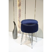 Bianco Metal Ayaklı Sehpalı Puf Krom Koyu Mavi Chrome Dark Blue