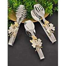 Paslanmaz Çelik Servis Seti Salata Maşası Pasta Küreği Kepçe Servis Kaşığı Çatalı Gold & Çiçek Desenli Gümüş - Gri