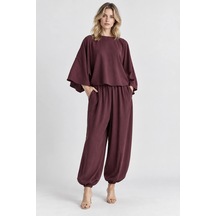 Mevese Rahat Kesim Modal Takım - Yarasa Kol Oversize Bluz Ve Geniş Paça Şalvar Pantolon - Mürdüm