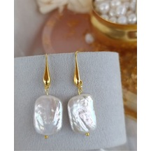 24k Altın Kaplama Gerçek Barok Kare Inci Tasarım Küpe Beyaz Gold