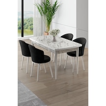 Canisa Asfel Serisi Mdf 77x130 Beyaz Mermer Desen Yandan Açılabilir Mutfak Masa Takımı 4 Siyah Sandalye Beyaz Mermer Desen Siyah Sandalye