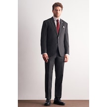 İmza Antrasit Mono Yaka Kendinden Çizgili Desen Esnek 4 Drop Comfort Fit Classic Takım Elbise 1001255159 Antrasit