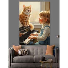Ahşap Tablo Kedi Ve Kız Piyano Başında Dekoratif Tablolar