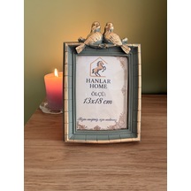 Çifte Kumrular Haki Yeşil Altın Eskitme Vintage Çerçeve Kuş Figürlü Masaüstü Dekoratif Fotoğraf Çerçevesi 13x18 Cm