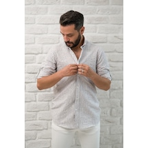 Slimfit Fit Yaka Düğmeli Çizgili Yazlık Gofre Kumaş Erkek Gömlek Gri