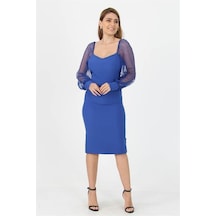 Dip Moda Kadın Yeni Sezon Kolları Tül Midi Boy Likralı Elbise Nb10004 Saks