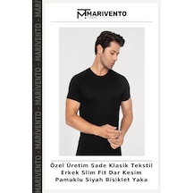 Marivento Özel Üretim Sade Klasik Tekstil Erkek Slim Fit Dar Kesim Pamuklu Siyah Bisiklet Yaka