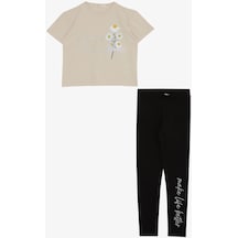 Breeze Kız Çocuk Taytlı Takım Çiçek & Yazı Baskılı Fiyonklu 5-10 Yaş, Bej-bej Bej