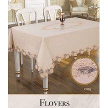 Keten 3d İşlemeli Tek Masa Örtüsü 160x260cm Dantelli Yemek Masası Örtüsü Flowers Model Kapiçino Diğer