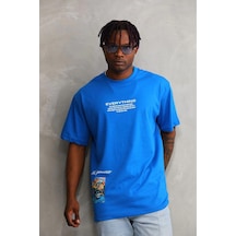 Erkek Bisiklet Yaka Baskılı Oversize T-shirt - Mi Mavi